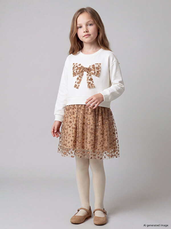LCW Kids Платье из фатина для девочек с круглым вырезом и принтом банта