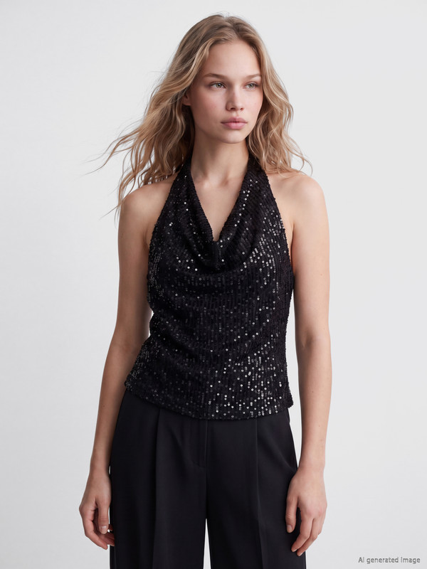 LCW Vision Halter Neck Sequined Blouse