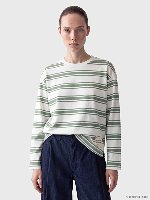 LCW Comfort Bisiklet Yaka Çizgili Kadın Sweatshirt