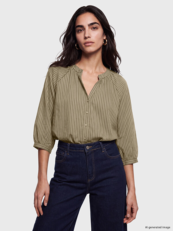LCW Vision Notch Neck Striped Ruched Blouse