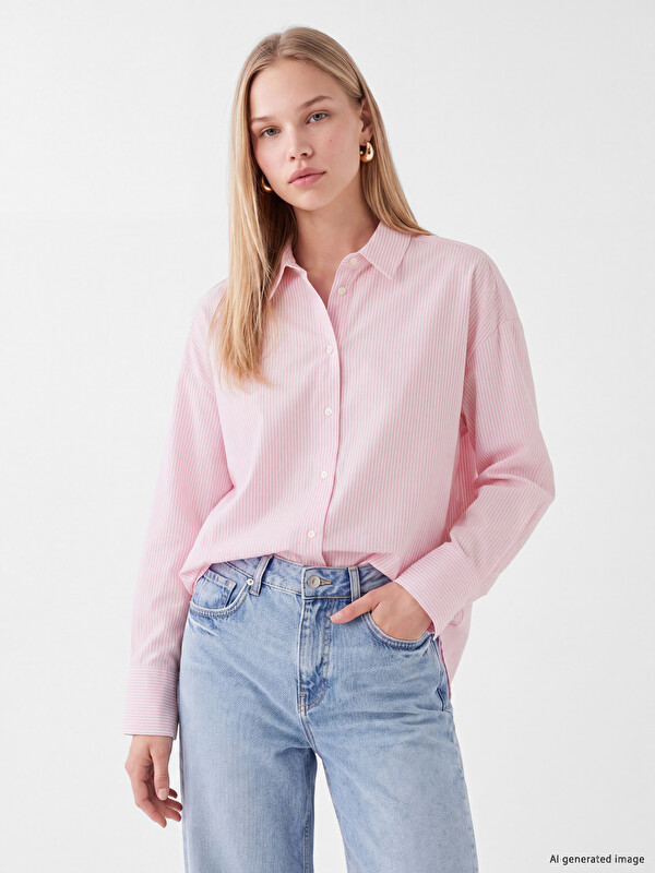 LCW Vision Çizgili Oversize Oxford Kadın Gömlek