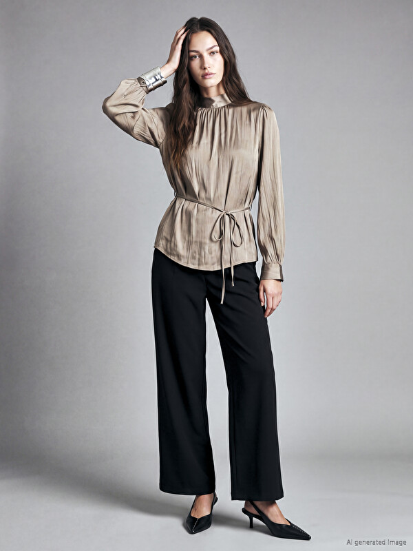 LCW Modest فضفاض للنساء مطوي قماش بنطلون