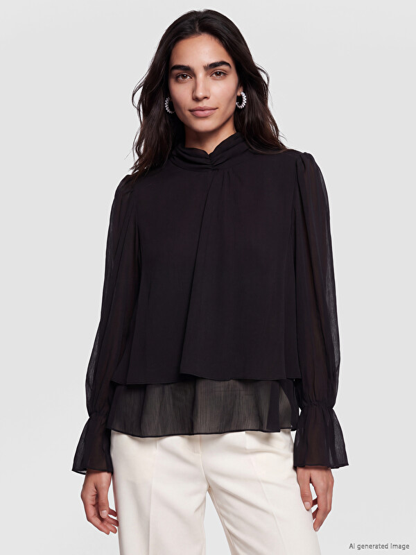 LCW Vision Mock Neck Frilled Chiffon Blouse