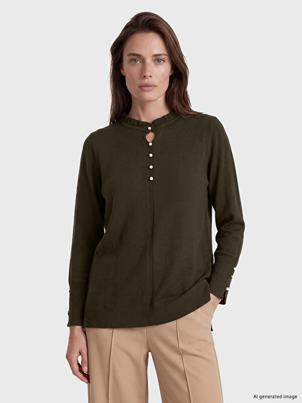 LCW Grace Ruffled Grandad Collar Women's Knitwear Sweater