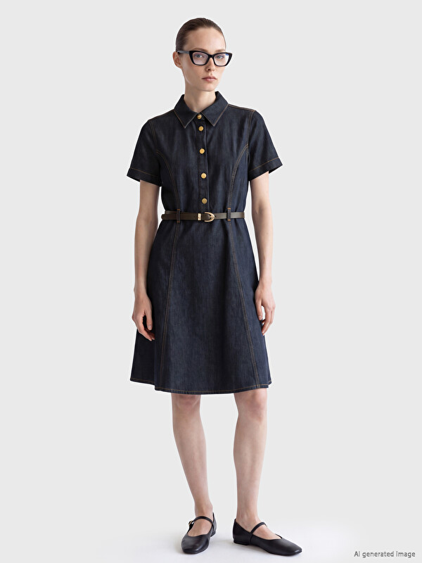 LCW Comfort Gömlek Yaka Kemerli Mini Jean Elbise