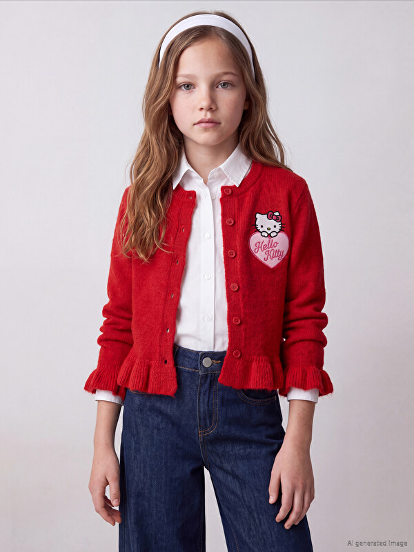 LCW Kids Hello Kitty Embroidered Girls' Knitwear Cardigan