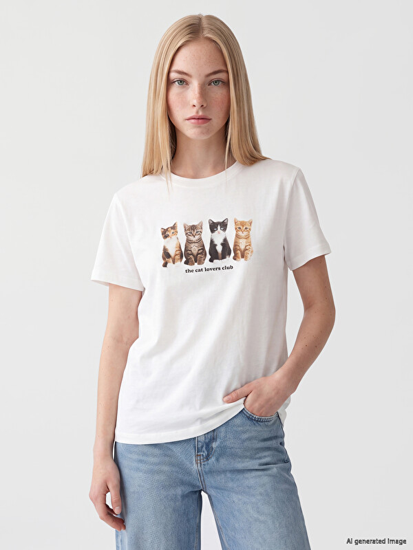XSIDE Kedi Baskılı %100 Pamuklu Kadın Tişört