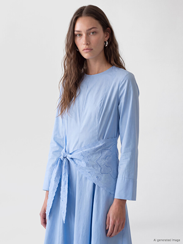 LCW Modest Bisiklet Yaka Şal Detaylı Poplin Elbise