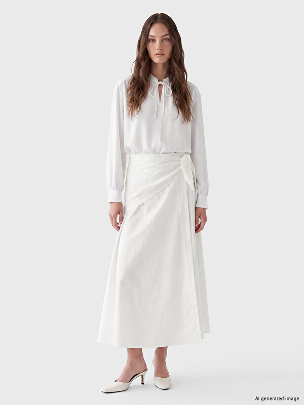 LCW Modest Embroidered Shawl Tie Detailed Flared Skirt