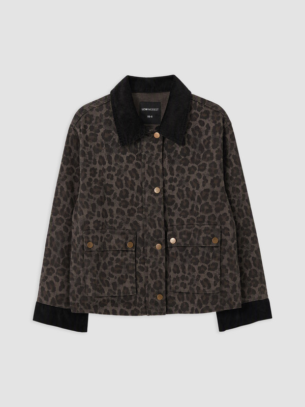 LCW Modest Velvet Collar Leopard Patterned Women's Jean Jacket