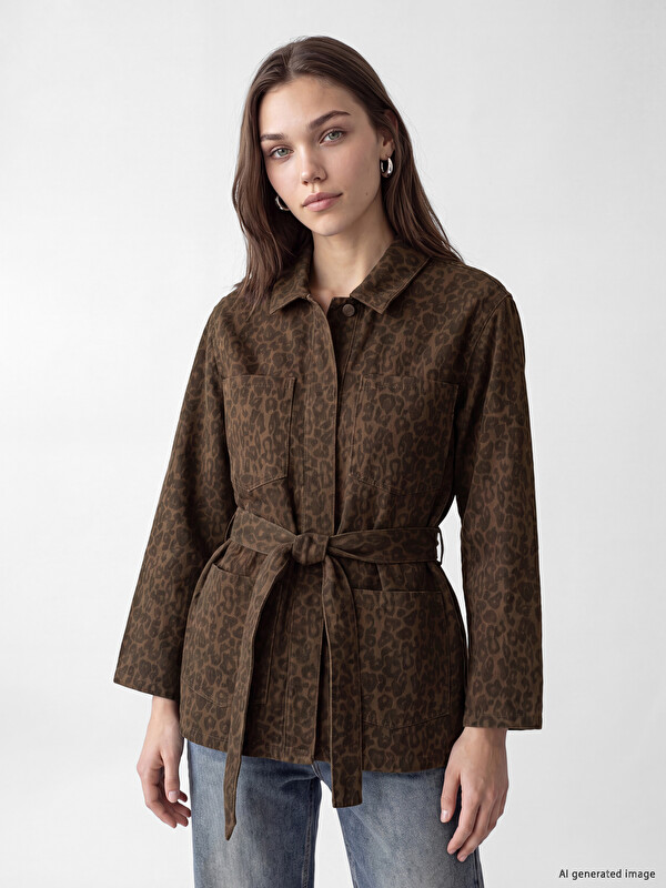 LCW Modest Shirt Collar Leopard Patterned Women's Jean Jacket