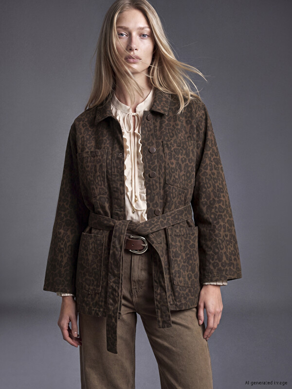 LCW Modest Shirt Collar Leopard Patterned Women's Jean Jacket