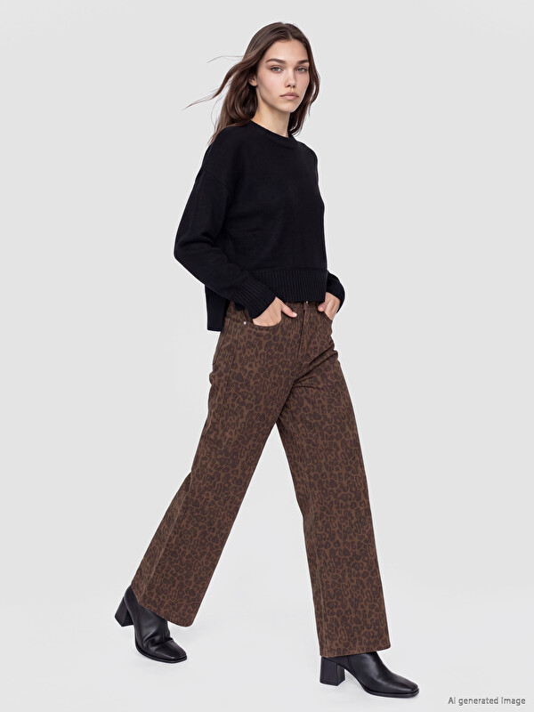 LCW Modest Leopar Desenli Wideleg Kadın Jean Pantolon