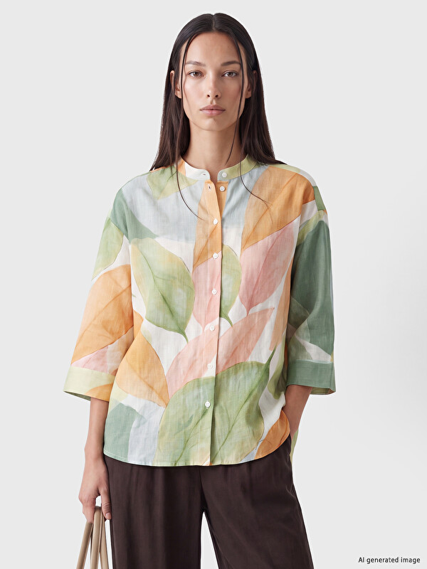 LCW STUDIO Grandad Collar Patterned Oversize Women's Shirt