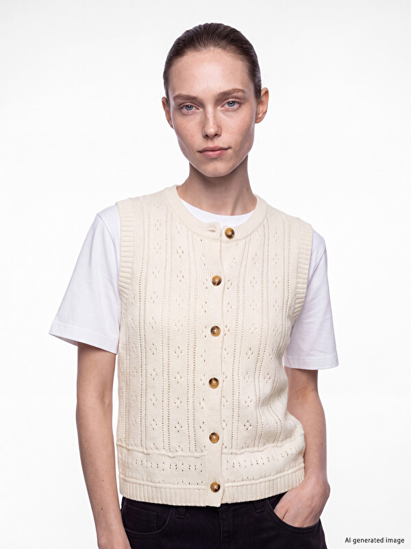 LCW Comfort дөңгелек жағалы тесік тоқыма әйелдер трикотаж жилеті