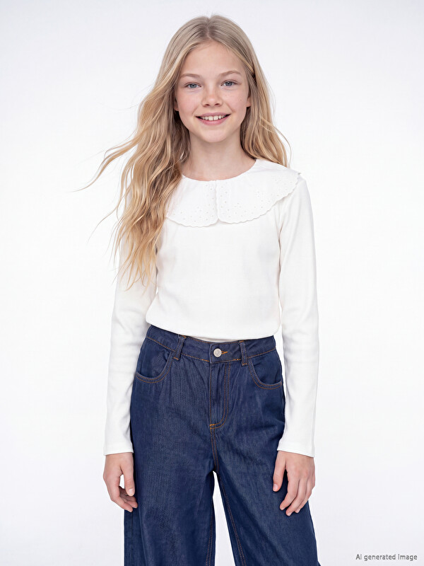 LCW Kids T-shirt e qëndisur me jakë Peter Pan për vajza