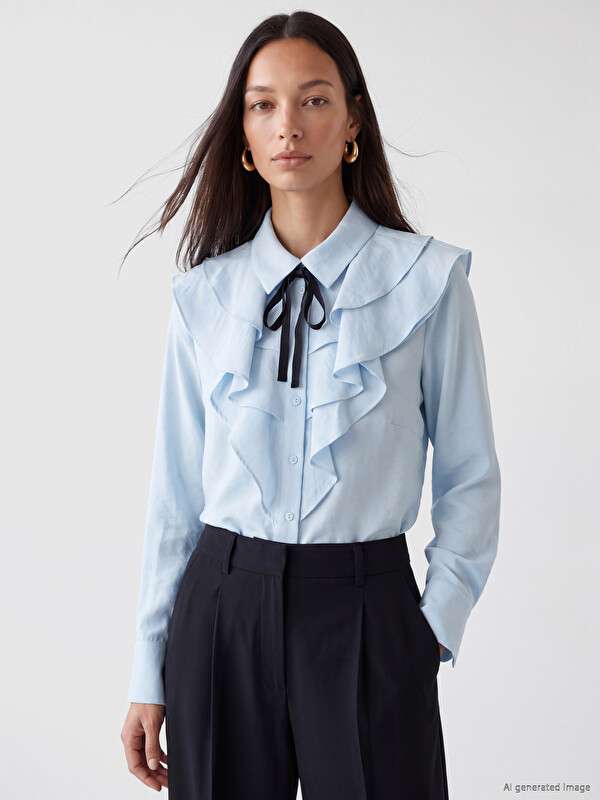 LCW STUDIO Shirt Collar Ribbon Detailed Frilled Blouse