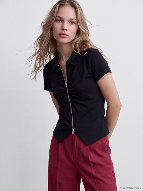 LCW Vision Polo Collar Gathered Blouse