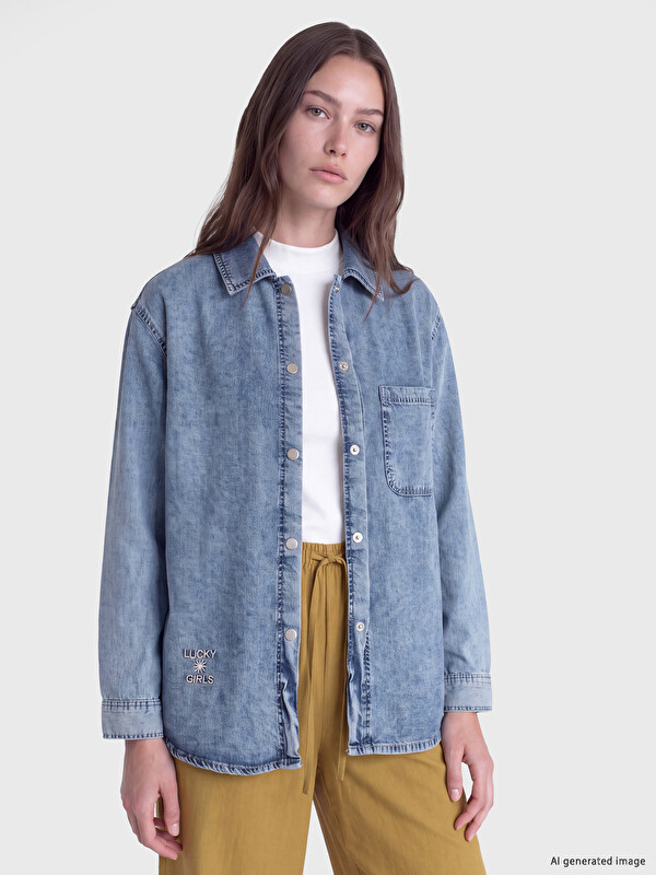 LCW Modest Gömlek Yaka Oversize Kadın Jean Tunik