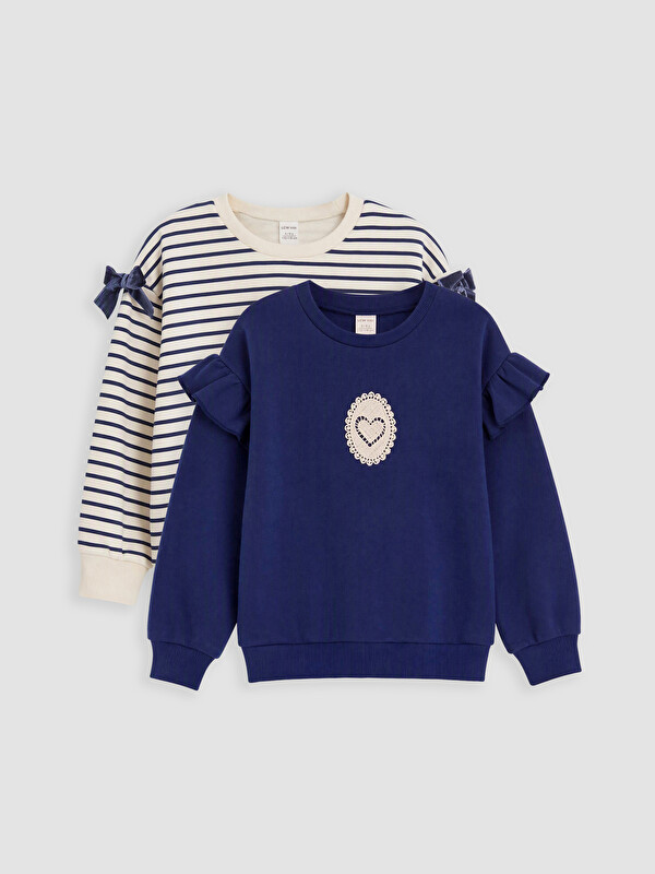 LCW Kids Bisiklet Yaka Çizgili Kız Çocuk Sweatshirt 2'li