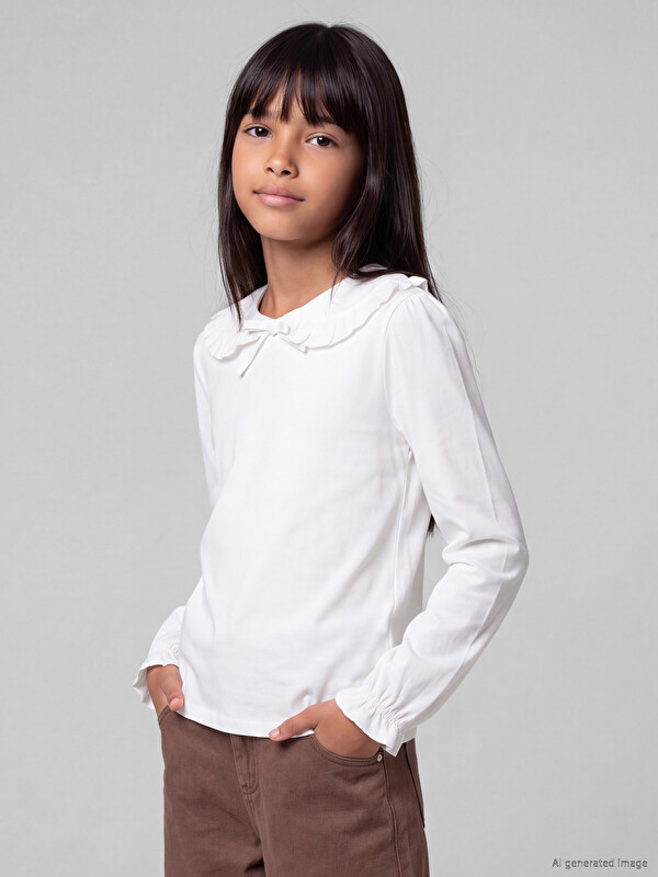 LCW Kids Peter Pan Collar Girls' Bowed T-shirt