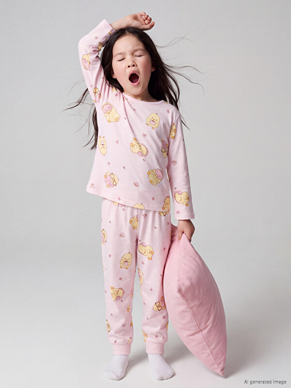 LCW Kids Civciv Baskılı Kız Çocuk Pijama Takım