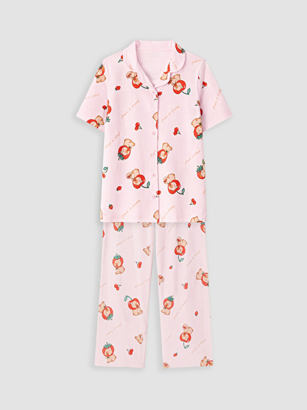 LCW Kids Gömlek Yaka Baskılı Kız Çocuk Pijama Takım