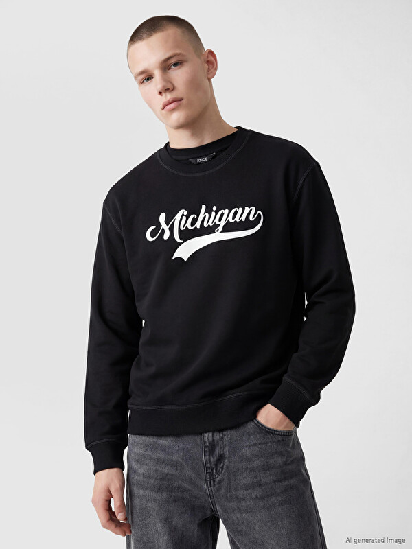 XSIDE Bisiklet Yaka Michigan Baskılı Erkek Sweatshirt