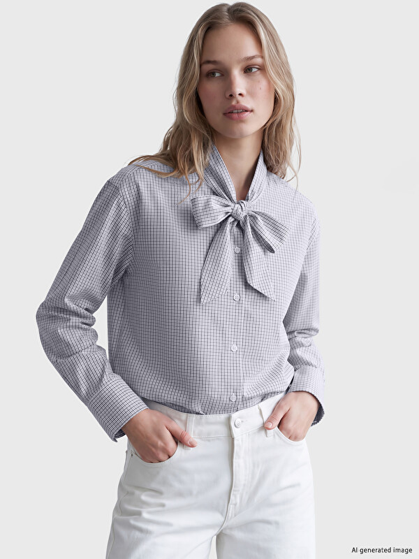 LCW Vision Tie Neck Plaid Oversize Women's Shirt