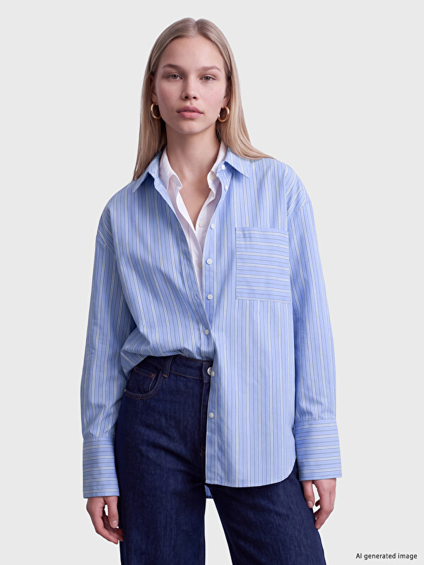 LCW Vision Çizgili Cepli Oversize Kadın Gömlek