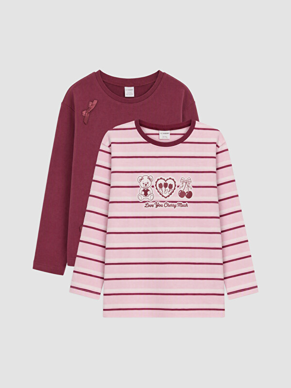 LCW Kids T-shirt me jakë të rrumbullakët me shirita për vajza, paketim 2 copë
