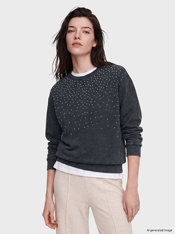 LCW Comfort Bisiklet Yaka Taşlı Kadın Sweatshirt
