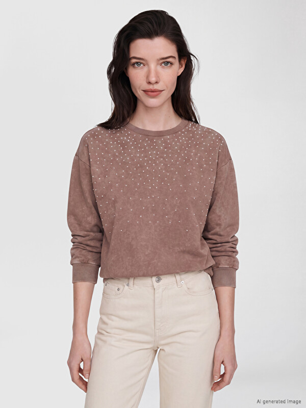 LCW Comfort Bisiklet Yaka Taşlı Kadın Sweatshirt
