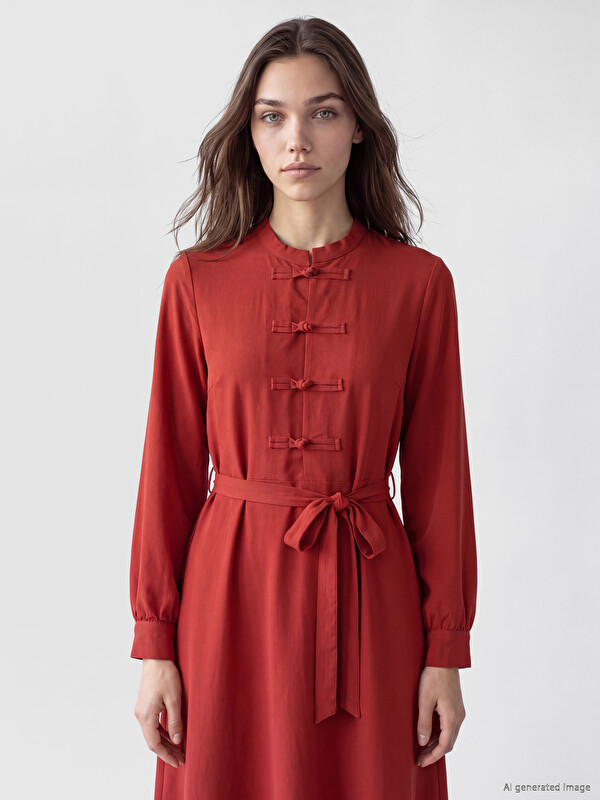 LCW Modest Crew Neck Ornament Button Detailed Dress
