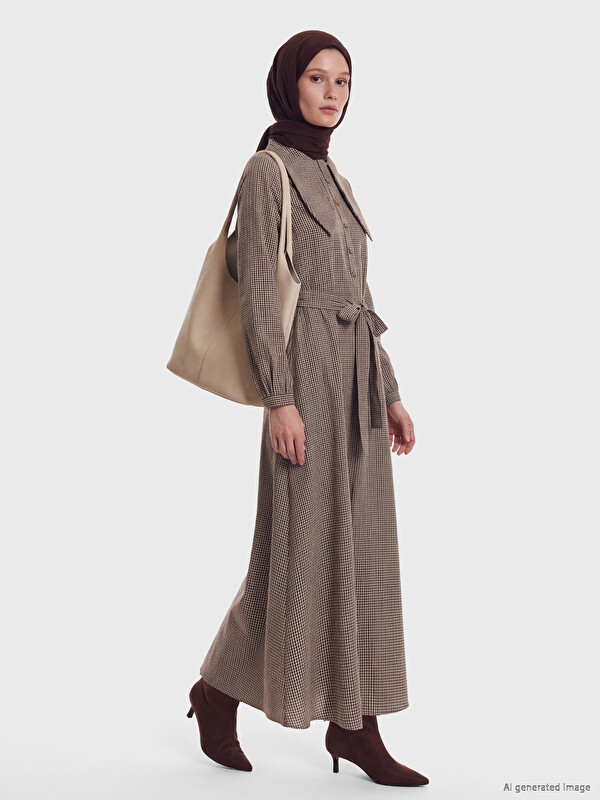 LCW Modest Scarf Collar Plaid Shirt Dress