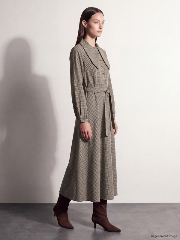 LCW Modest Фустан-кошула со јака на шал, кариран