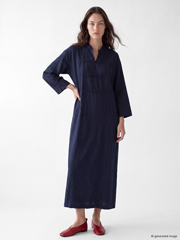 LCW Modest Notch Neck Piping Buttoned Oversize Dress
