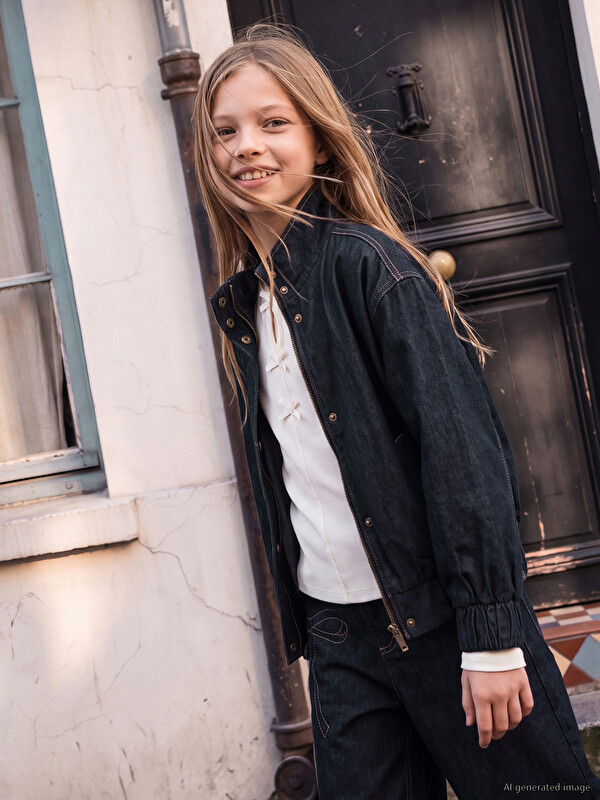 LCW Kids Mock Neck Girls' Denim Jacket