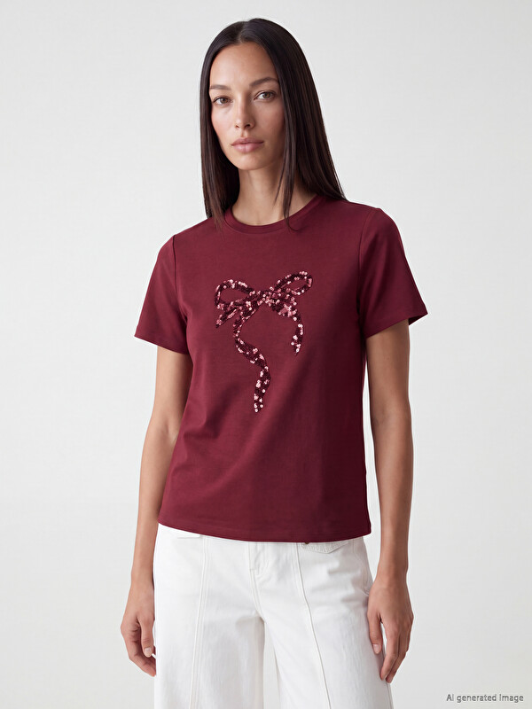LCW EVERYDAY Bow-detailed Sequined Soft Touch Women's T-Shirt