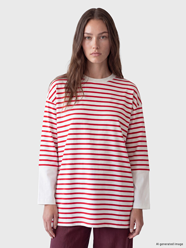 LCW Modest Bisiklet Yaka Çizgili Kadın Tunik