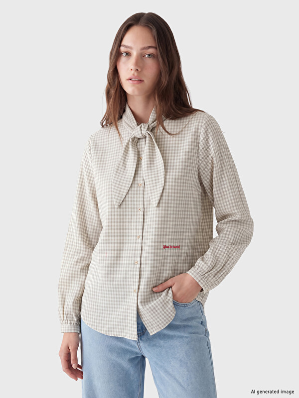 LCW Modest Tie Neck Plaid Women's Shirt