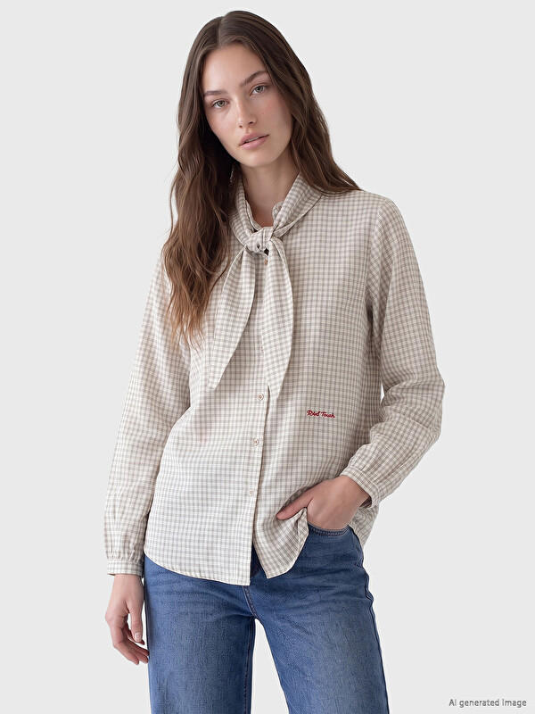 LCW Modest Tie Neck Plaid Women's Shirt