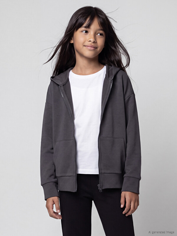 LC WAIKIKI Kapüşonlu Kız Çocuk Soft Touch Fermuarlı Sweatshirt