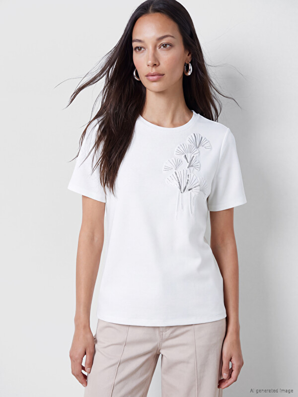 LCW EVERYDAY Crew Neck Bead Embellished Blouse