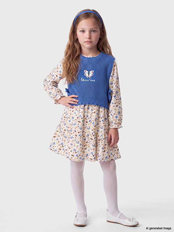 LCW Kids Set fustani dhe triko me jakë të rrumbullakët për vajza
