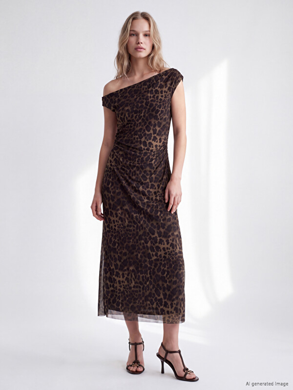 LCW Vision Slash Neck Leopard Print Ruched Dress