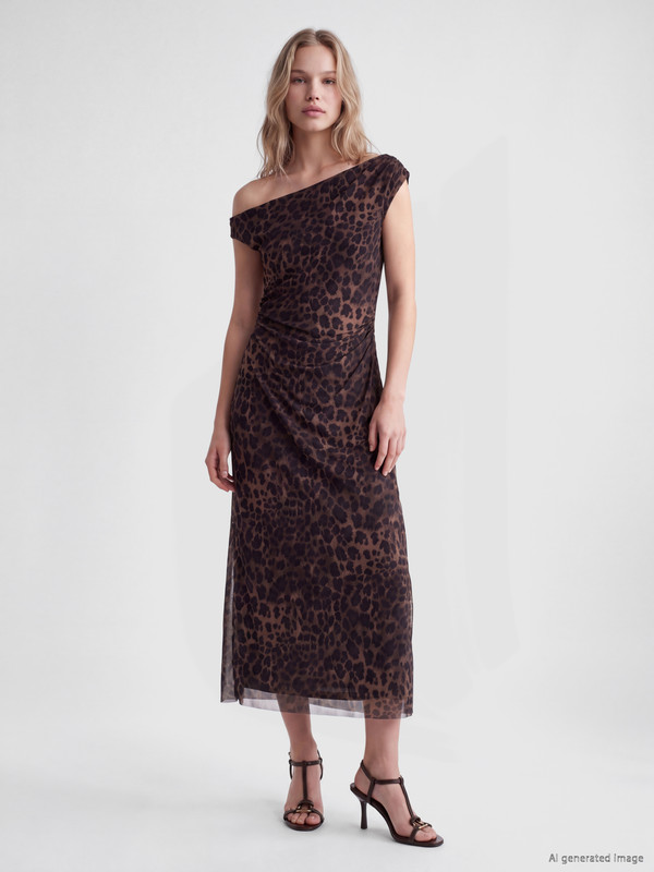 LCW Vision Slash Neck Leopard Print Ruched Dress