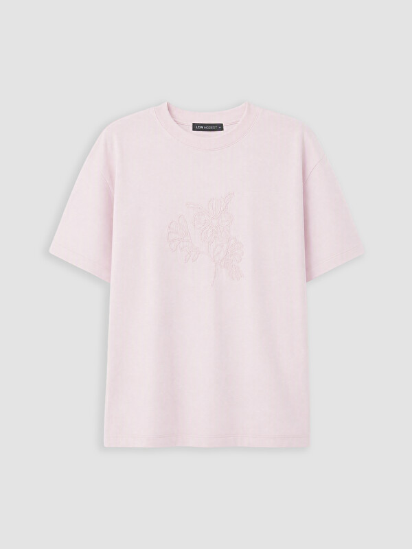 LCW Modest T-shirt pambuku 100% me jakë të rrumbullakët të qëndisur për gra