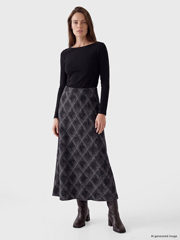 LCW Grace Elastic Waist Argyle Patterned A-Cut Skirt