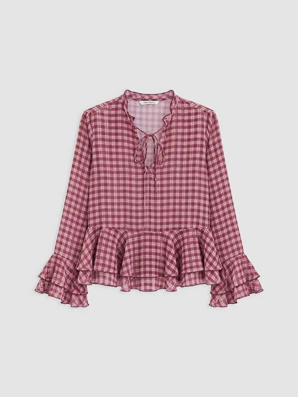 LCW Vision Tie Neck Plaid Frilled Chiffon Blouse